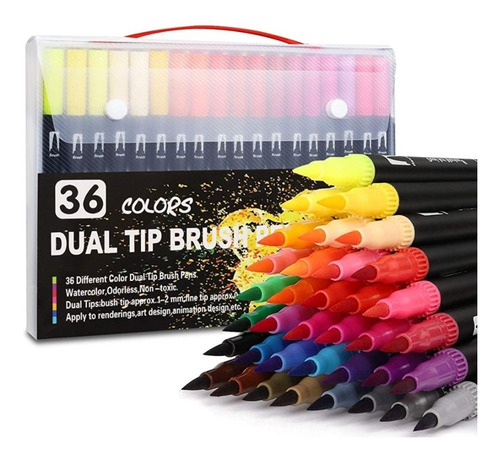 Marcadores Plumones Doble Punta Pincel Punto Fino 36 Colores