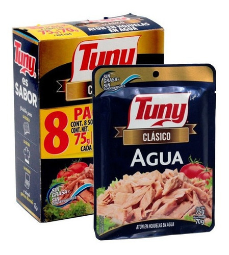 Imagen 1 de 3 de 8 Pack Sobres De Atun En Hojuelas En Agua Tuny Clásico 75 G