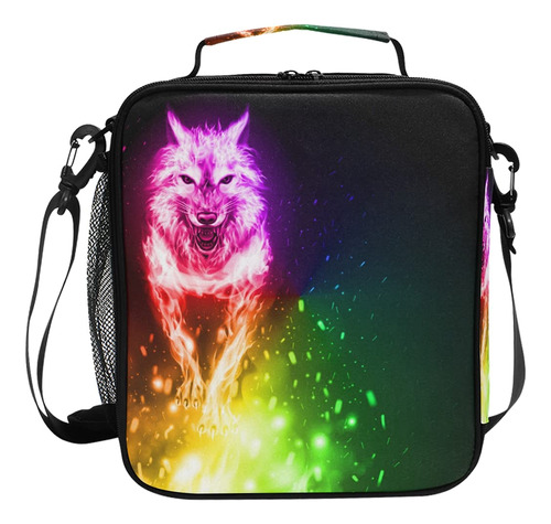 Fiebre Wolf Rainbow Flame On Black Lunch Box Bolsa Aislada