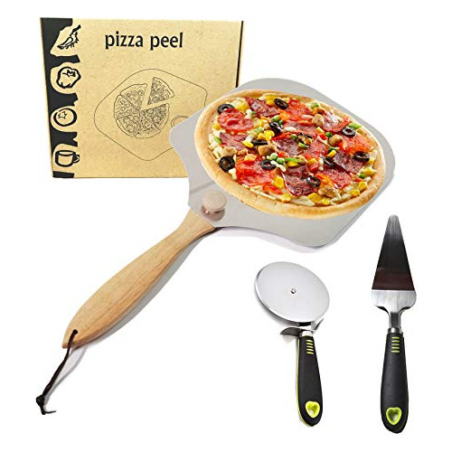 Pizza Peel (3 Piezas) De Aluminio Mango De Madera Plega...