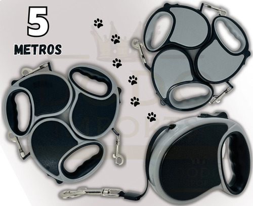 Guia Retrátil Resistente Passeio Cães - Estica Até 5mts Cor Preto Com Cinza