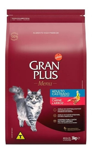 Alimento Gran Plus Gato Adulto Castrado Carne E Arroz 3kg