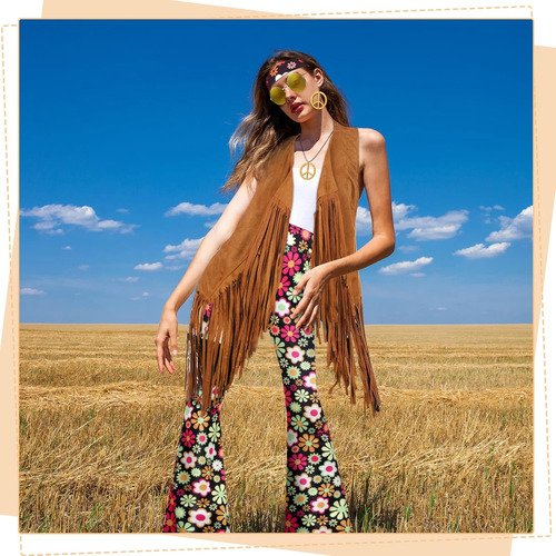Conjunto Hippie Pantalones Boho Chaleco Flecos Accesorios Pa