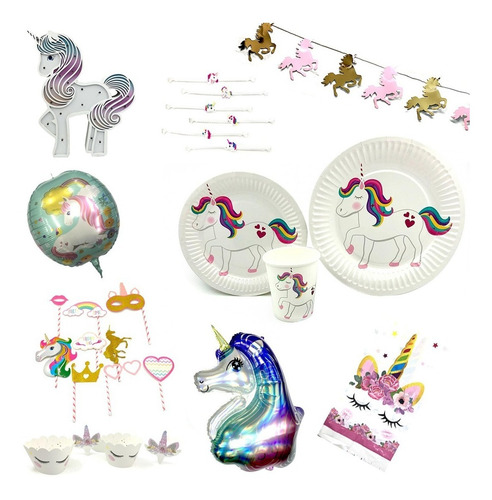 Imagen 8 de 10 de Set 10 Platos 18cm Y 10 Vaso Unicornio Cotillon