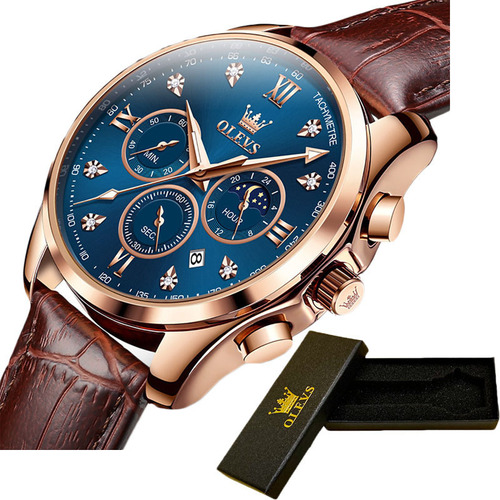 Reloj Olevs De Cuero Con Cronógrafo Y Calendario De Diamante Color Del Fondo Rose Blue