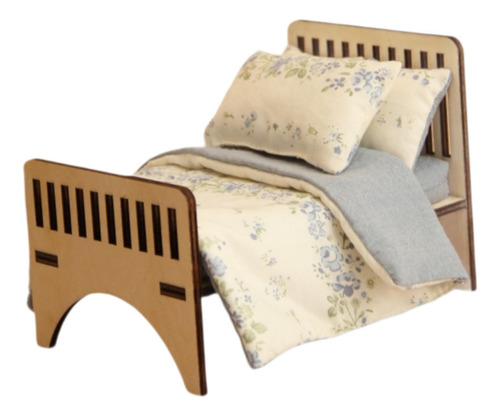 Cama De Madera En Miniatura De Casa De Muñecas Con Floral