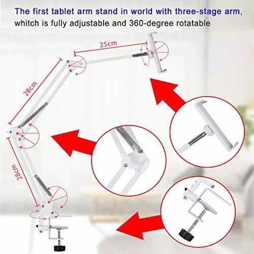  Soporte para tablet para cama, soporte ajustable para tablet  con rotación de 360° para tableta/teléfono y brazo plegable de aluminio  para iPad, iPhoneX, N-Switch, iPad Pro, otros dispositivos de 5 ~