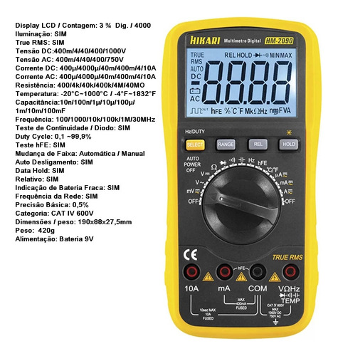 Multímetro Digital Hikari Hm-2090 Cat Iii True Rms 750v 10a (Usado)