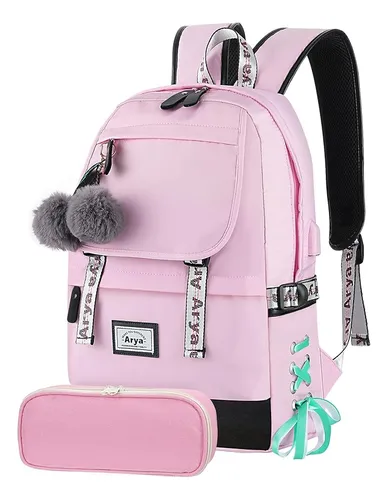 Mochila Escolar Arya Para Adolescentes + Cartuchera - Rosa