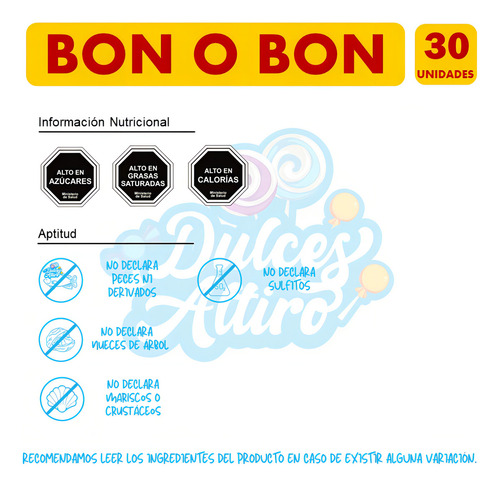 Bombón Bon O Bon Chocolate Leche 30 Un. X 15 Grs