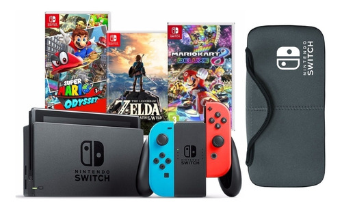 Nintendo Switch + Zelda + M Kart 8 + Mario Odyssey + Estuche