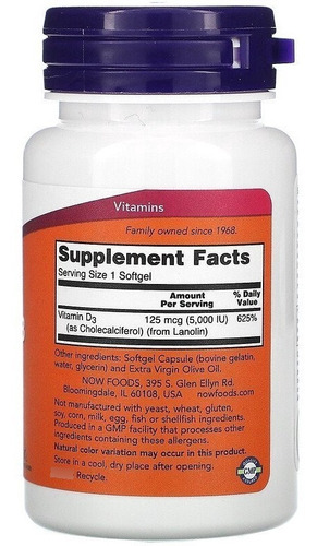 Imagem 2 de 4 de Vitamina D-3 De Alta Potência, Now 5.000 Ui, 120 Caps