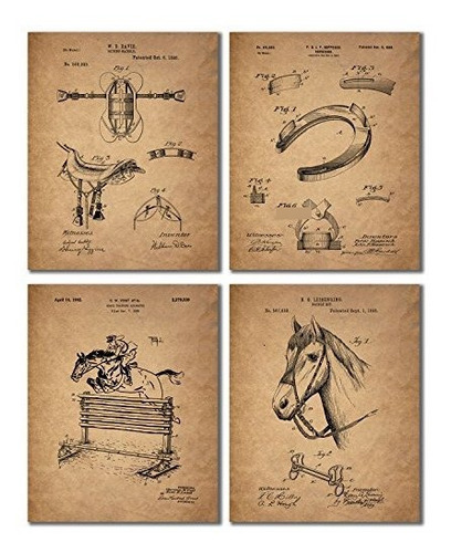 Impresiones De Patentes De Equitación - Juego De 4 Fotos De 