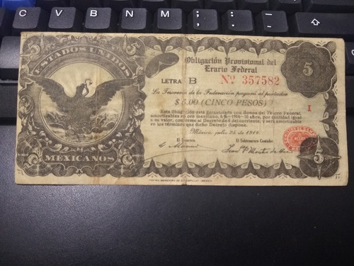 Billete 5 Pesos Obligacion Del Erario Federal (1914)