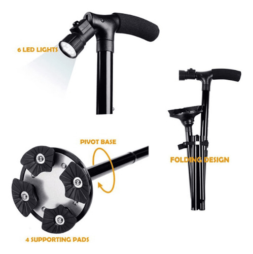 Baston Plegable Con Luz Mango En T Altura Ajustable Portatil Color Negro