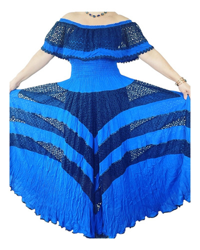 Vestido Longo Cigana Azul Royal Em Chiffon Renda Artesanal