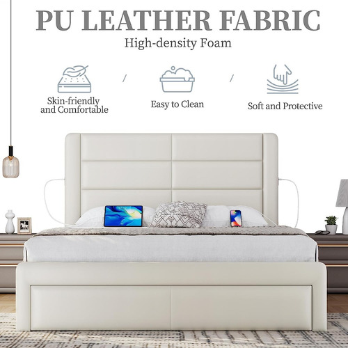 Base Cama Matrimonial Moderno C/ Cabecera Hogar Usb Crema