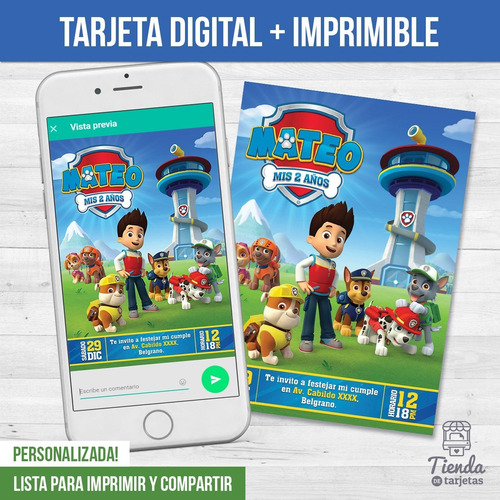 Imagen 2 de 3 de Invitación Digital + Imprimible - Paw Patrol Patrulla Canina