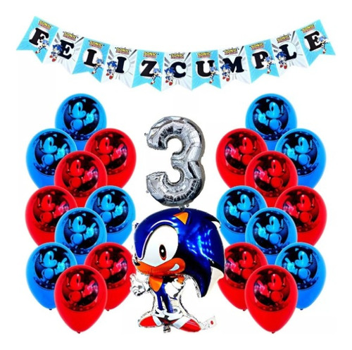 Combo Kit Globos Sonic 65cm +numero40cm+latex +feliz Cumple