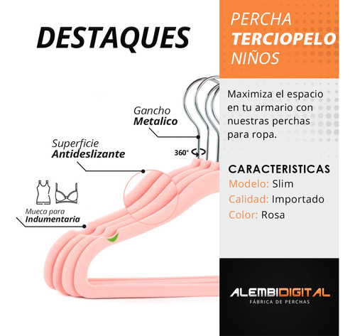 Percha Felpa Terciopelo Antideslizantes Niños X 50 Rosa