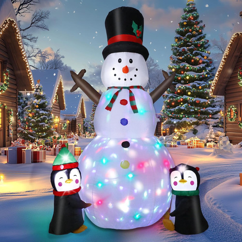 Muñeco De Nieve Inflable De 8 Pies Con Pingüinos Y Luces Gir
