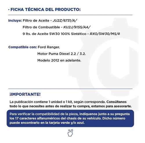 Kit Filtro Aceite + Combust + Aceite 5w30 9 Lts Ford Ranger
