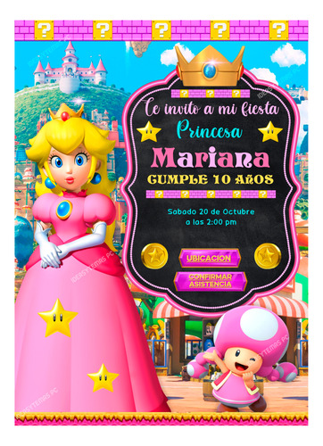 Princesa Peach Invitación Interactiva Con Mapa Y Asistencia.