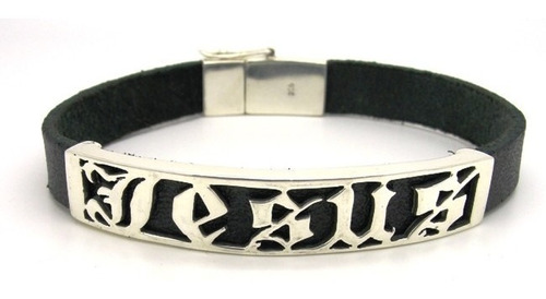 Bracelete Pulseira Prata De Lei 925 E Couro Modelo Jesus