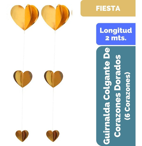 Guirnalda Colgante De 6 Corazones Dorados 3d De 2mts.