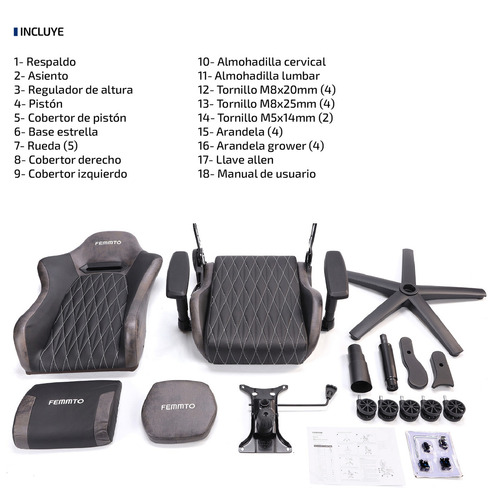 Imagen 8 de 8 de Silla Gamer Pro Ergonomica Giratoria Femmto Gp001 Gris Para Escritorio Pc Gaming Reclinable 135° Peso Maximo 150 Kg