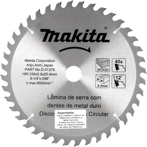 Disco De Corte Sierra Circular Makita 9 1/4 40 Diente Madera