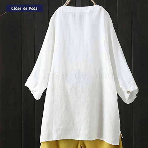 Camisa Limpia De Manga Larga De Algodão E Linho Com Botões Y