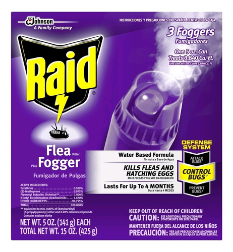 Raid Flea Fogger Fumigador Mata Pulgas Chinches (3 Latas)