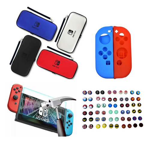 Estuche + Siliconas Joycon + Vidrio + 2 Grips Ninten Switch 