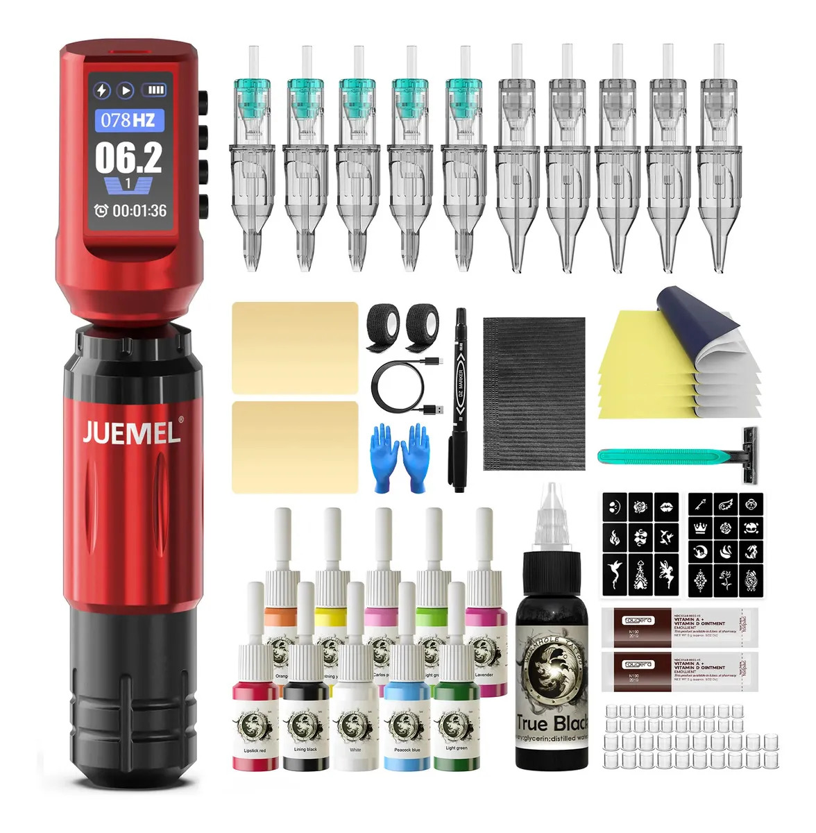 Kit Máquina de Tatuar Pen Juemel M7060 Profesional Inalámbrica con Batería 2400 mAh para Principiantes