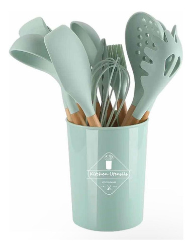 Utensilios De Cocina Verde X12 Mango Madera Punta Silicona