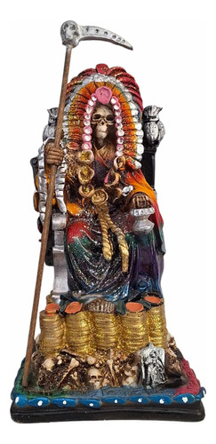 Santa Muerte Azteca Millonaria Penacho Curada 32 Cm Resina 