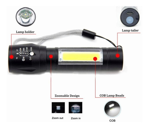 Imagen 3 de 8 de Lampara Tactica Recargable Led 2000l Linterna Lateral
