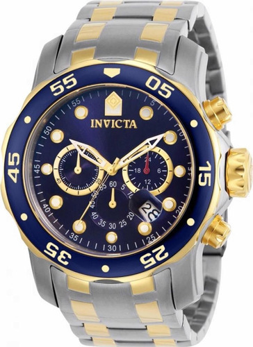 Relógio de pulso Invicta 0077 com corria de aço inoxidável cor aço/ouro - fondo azul - bisel azul/dourado