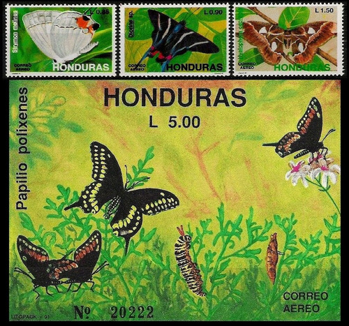 Fauna - Mariposas - Honduras - Serie + Block Mint
