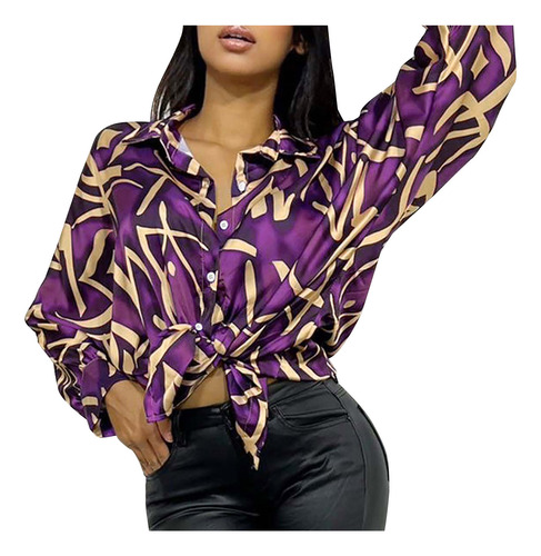 O Camisa Estampada De Manga Larga Con Cuello Vuelto Para Muj