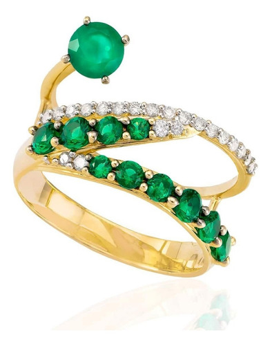 Anel Em Ouro Amarelo Com 21 Diamantes E 11 Esmeraldas