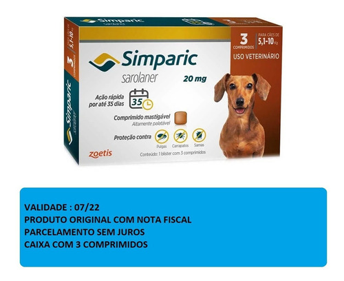 Anti Pulgas Simparic 20 Mg Caixa 3 Comp  Cães Entre 5,1-10kg