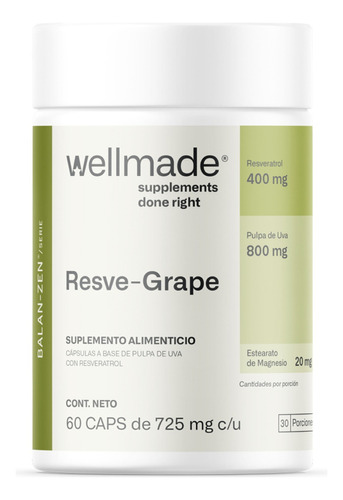 Suplemento Alimenticio Resveratrol Pulpa Wellmade 60 Caps Sabor Sin Sabor