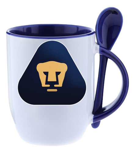 Taza Con Cuchara Pumas Unam Personalizada 325ml Futbol Azul Marino Pumas