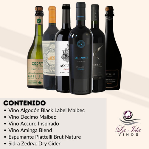 Vinos Alta Gama + Espumante + Sidra. Caja Full 6 Botellas --