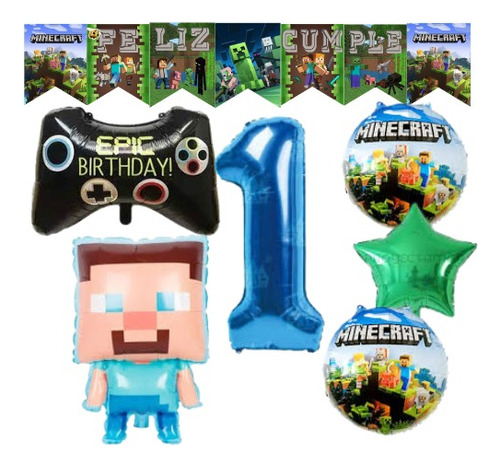 Set  Deco Combo De Globos De Minecraft +numero + Banderin