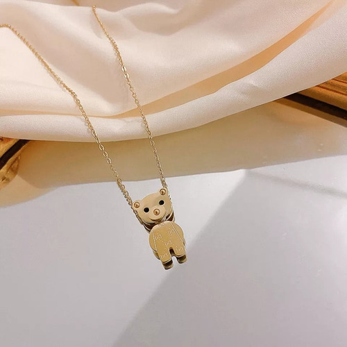 Imagen 2 de 6 de Collar Dije Oso Movible Acero Dorado Mujer Regalo Amor Novia