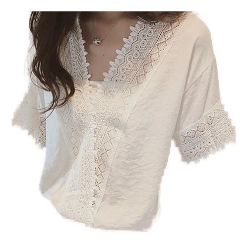 Blusa De Chifón Con Cuello En V Y Manga Corta En Color Liso