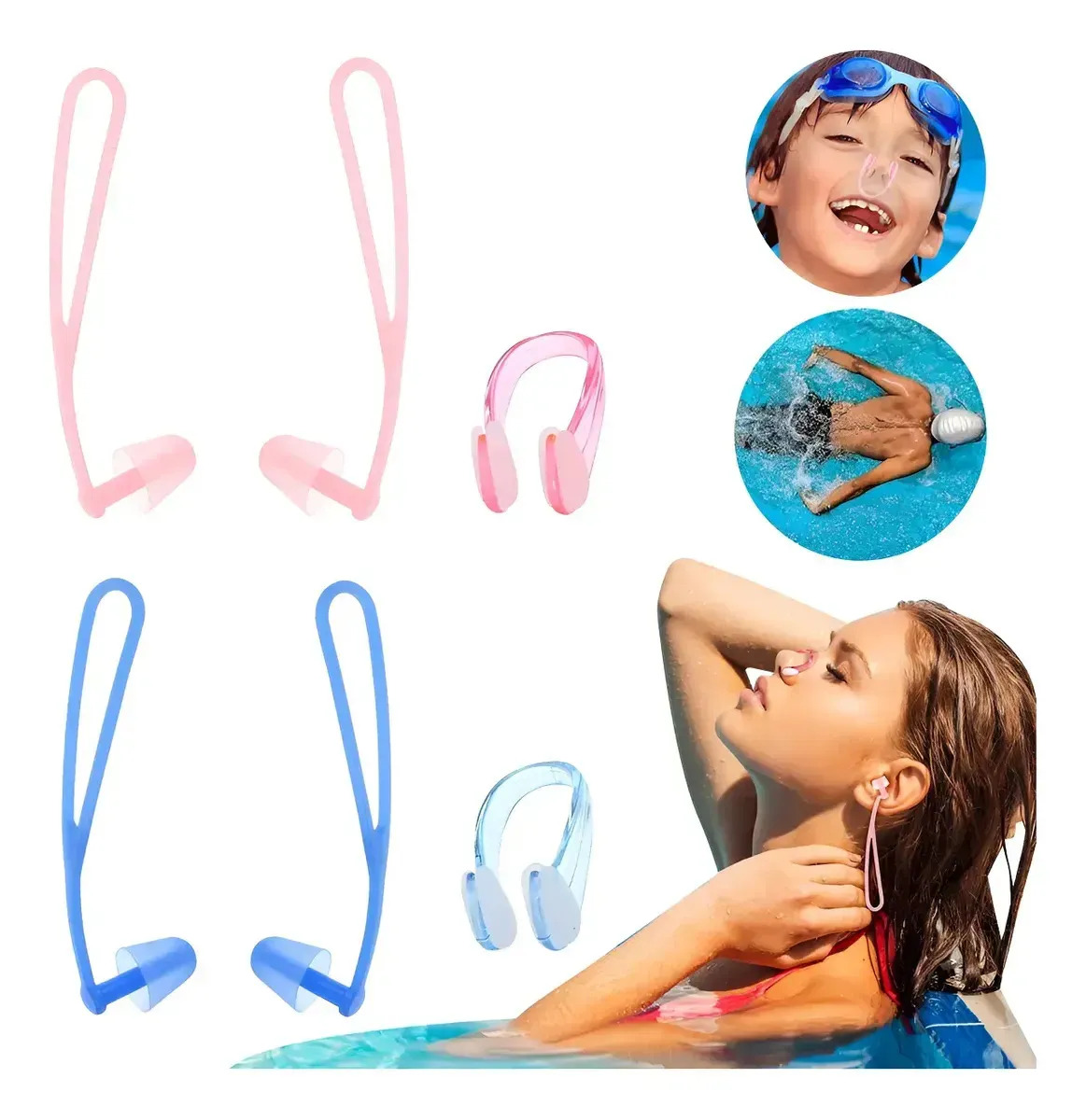 2 Kits Tapones Para Oídos Y Nariz Para Nadar Adultos y Niños de Silicona Reutilizable y Hipoalergénica,KUOAEAYE